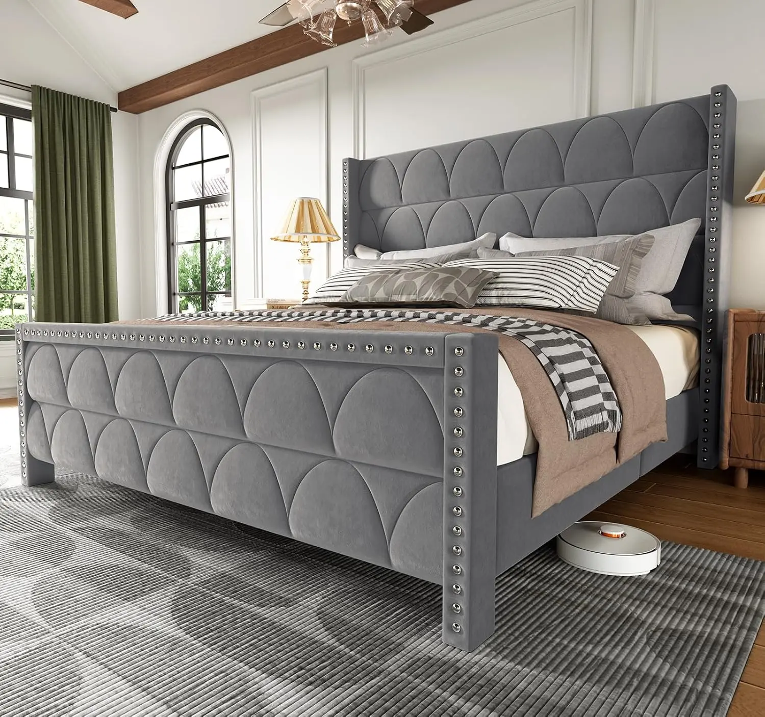 OHOHOLIVE King Size Bed Frame - 56" Velvet Upholstered Wingback Headboard, 1000LBS Capacity Sturdy Wooden Slat Support, Noise-Free Platform Bed Frame