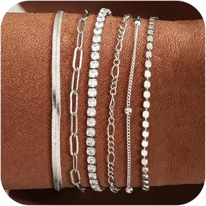 FREEKISS Bracelets Set For Women Trendy Dainty Jewelry Fashion Stackable Tennis Beaded Figaro Herringbone Paperclip Link Bracelet Pack Stack Gifts For Women For Christmas