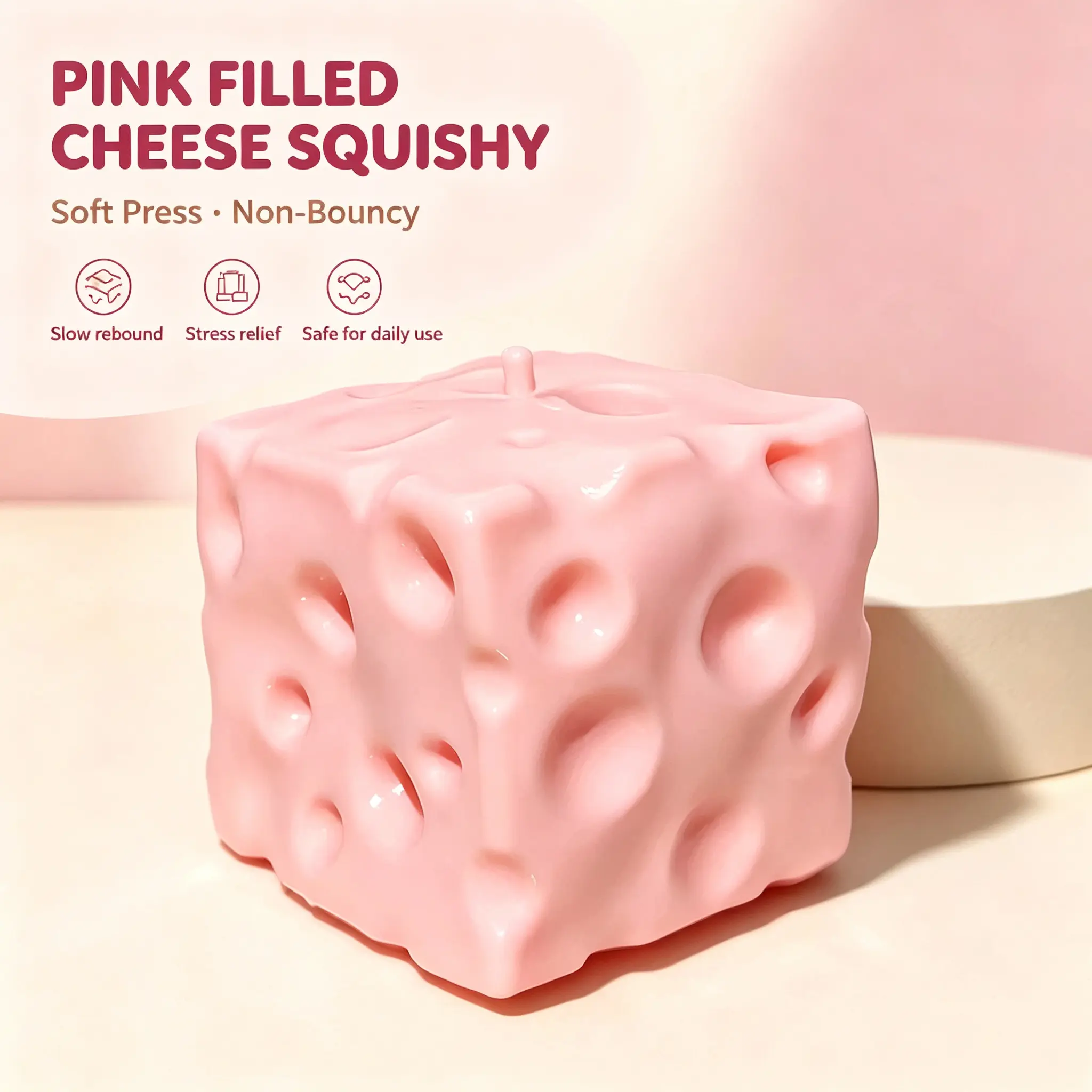 D.Cheese Block Squeeze Fidget Toy, Soft TPR Filled Mochi Squishy Stress Relief Toy, Non-Bouncy Slow Dent Squeeze Toy, Cute Pink Palm Size Sensory Fidget Toy for Anxiety Relief, Fun Hobby Toy Gift for Teens Adults Office Desk Play