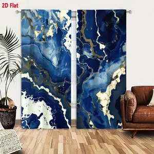 2D Flat  Modern Abstract Marbled Blue Swirl Curtain 2-Pack, Navy & Light Blue Fluid Wave Patterns with Metallic Gold Accents, Creamy White Luminous Breaks, Luxury Decorative Window Curtains for Living Room Bedroom, 2 Panels Set