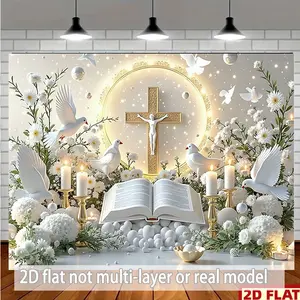 2D Banner with Multi-size Polyester Background Cloth, An Open Book, Candles, Doves, a Cross with Jesus, and Flowers.Wrinkle-resistant and Wear-resistant Fabrics Are Suitable for Living Rooms, Bedrooms, Offices, Outdoor Parties and Holiday