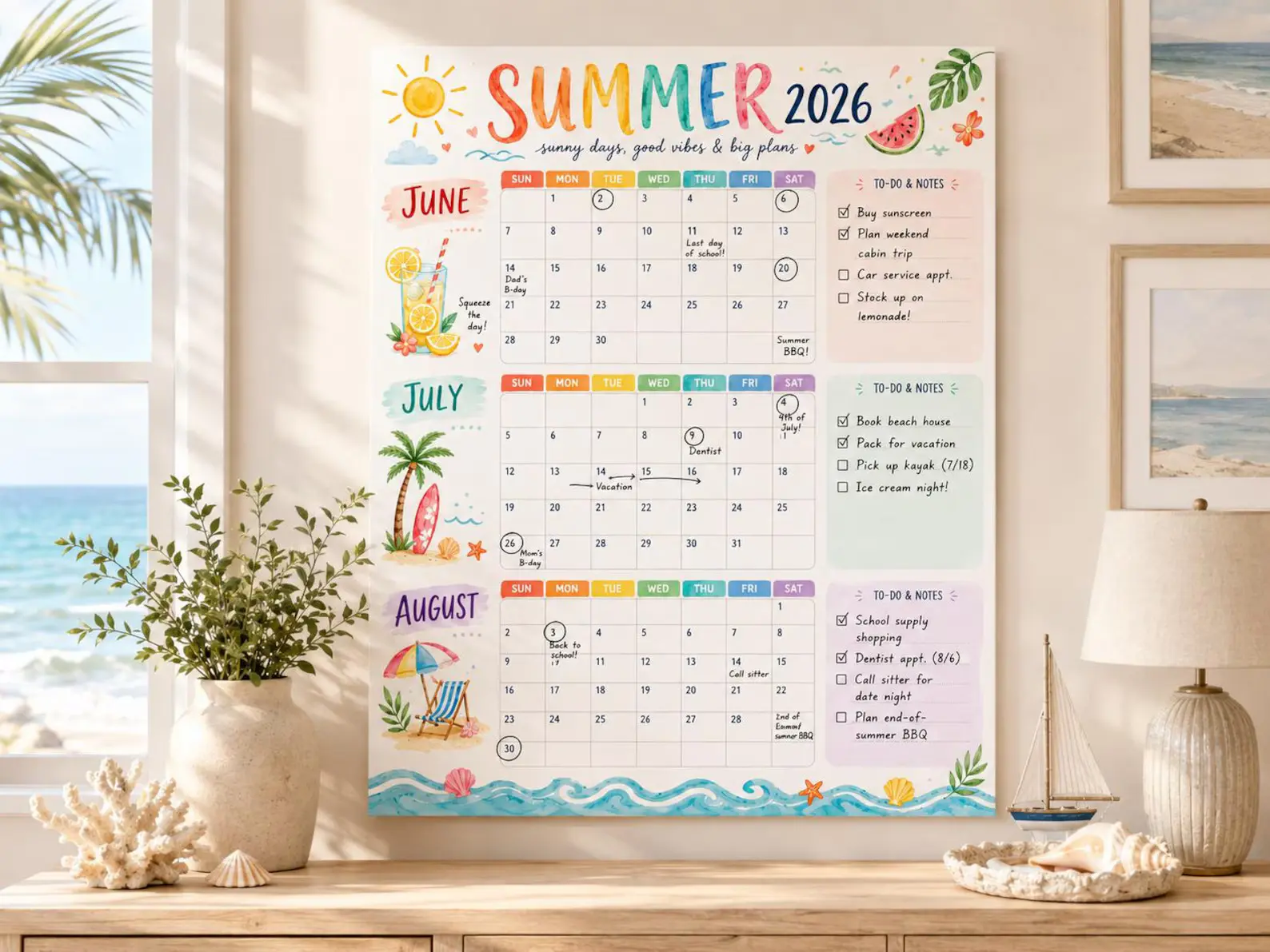 2026 Summer Watercolor Printed Paper Calendar Poster - 18x24 Large Size June-August Monthly Planner, Office Stationery Planning Tool for Teacher Organization, Vertical-Horizontal Layouts Kitchen Wall Calendar for Appointments and Reminders, 18 X 24, To-Do