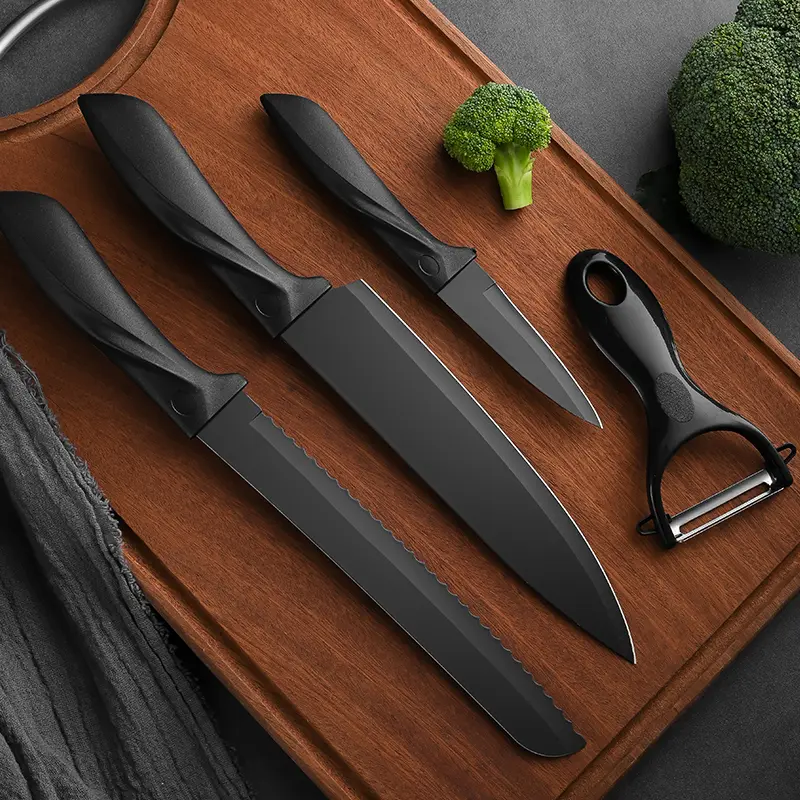 Modern 4-Piece Black Kitchen Knife Block Set - Stainless Steel Blade Kitchenware Knives, Sharp Cutting, Multi-Ingredient Handling, Durable, Easy to Clean, Ideal Christmas Gift