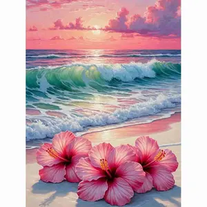 Dreamy Pink Sunset Ocean Beach, Tropical Hibiscus Flowers Gentle Foamy Waves Coastal Seascape 5D Full Drill Diamond Painting Kit, DIY Rhinestone Cross Stitch Art, Craft, Relaxing Beach Landscape Wall Decor for Living Room Bedroom, Handmade Holiday Gift