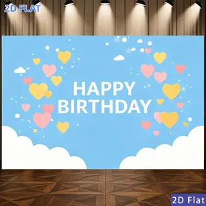 2D Flat Banner 1pc, Soft Blue Happy Birthday Banner with Hearts & Clouds - Hanging Party Backdrop Suitable for Weddings, Birthdays, Ramadan, Christmas Decorations - Polyester Poster for, Room, Garden, Photograp