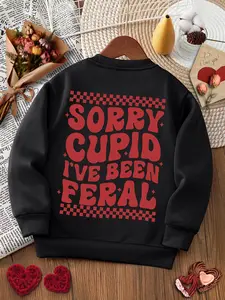 Girls' Fall Winter Long Sleeve Round Neck Sweatshirt, Valentine's Day Cartoon Letter Print, Fitted Casual Kids Clothing