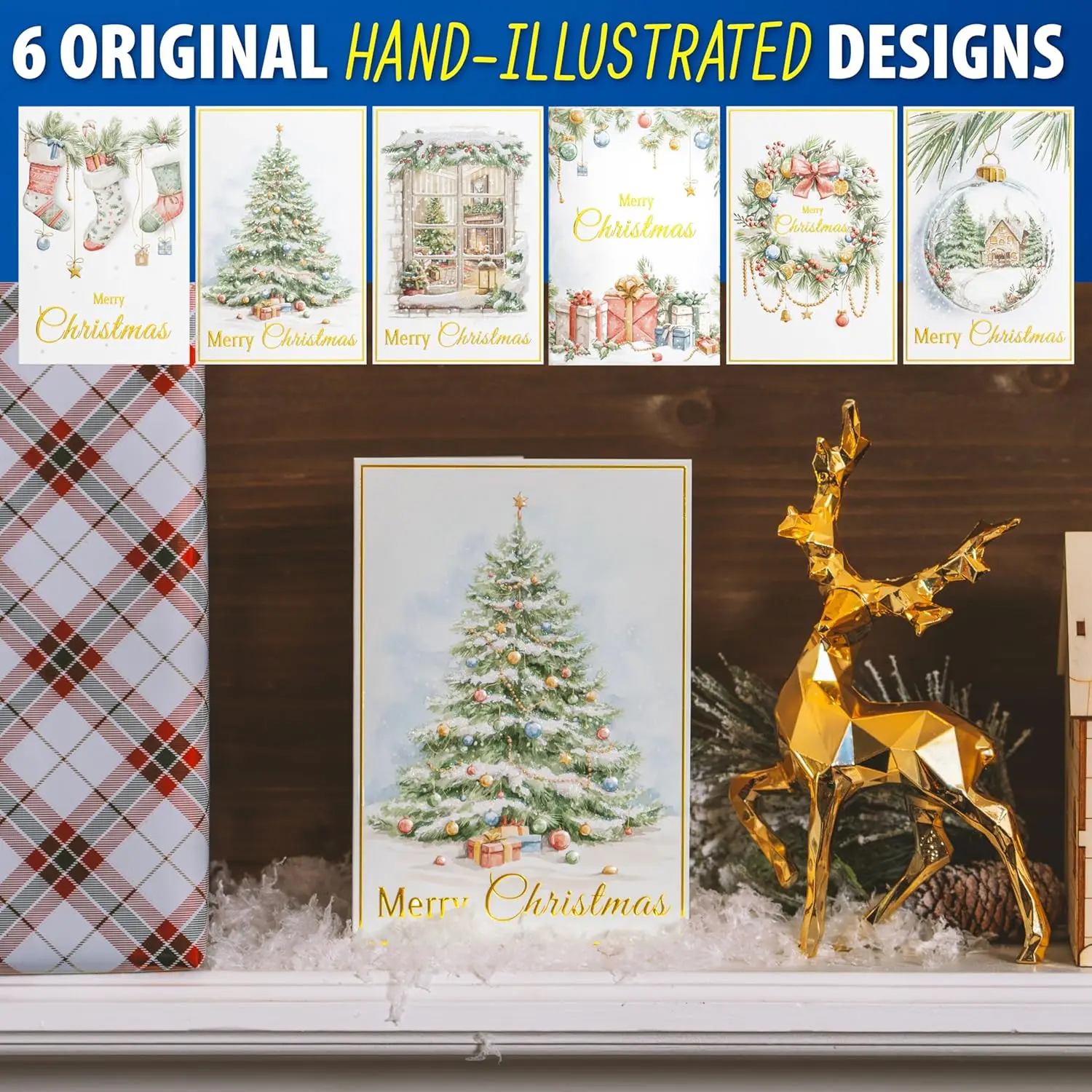 24 Christmas Cards Assortment, Festive Gold Foil Glitter Watercolor Bulk Xmas Cards with Envelopes & Messages - 6 Patterns, 4 3/4" x 7" for Friends, Family, Kids, Boys & Girls