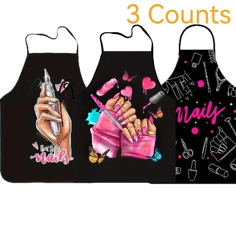 Polyester Nails Pattern Apron Set, 3-Piece Set Unisex Kitchen  Aprons, Christmas Gift, Cooking Apron,Apron for Women,Nails Design Tool, Mother's Day Gift,Valentine's Day Gift,Kitchen Essentials