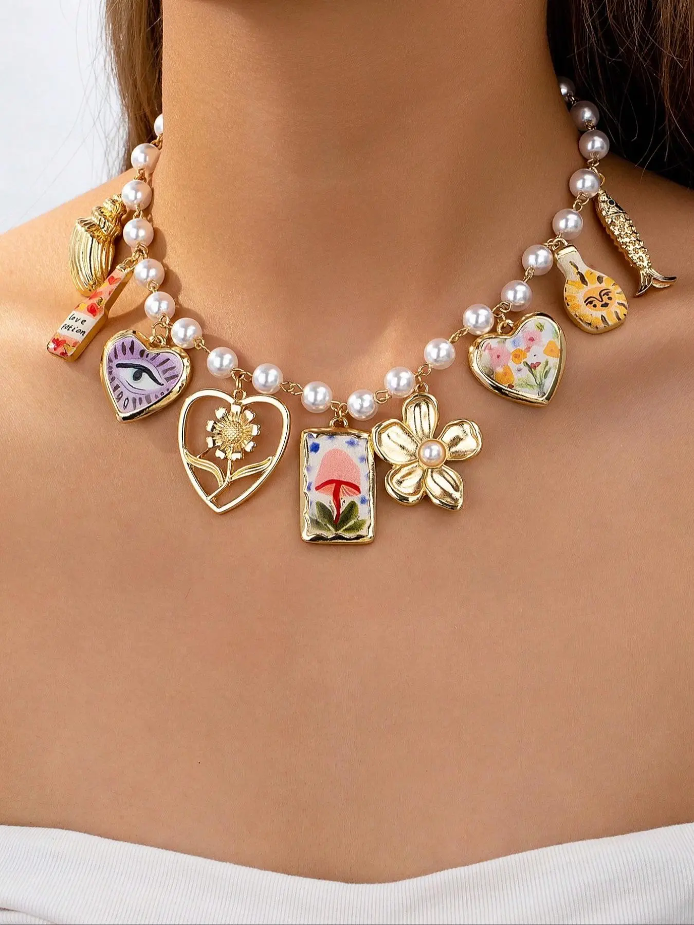 Heart & Flower Charm Necklace, Boho Faux Pearl Beaded Necklace, Fashion Jewelry Accessories for Women As Gift, Bohemian Flower Necklace