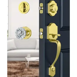 Satin Brass Front Door Handle and Deadbolt Lock Set, Gold Exterior Door Lock with Crystal Glass Door Knob, Single Cylinder, Reversible for Right & Left Doors