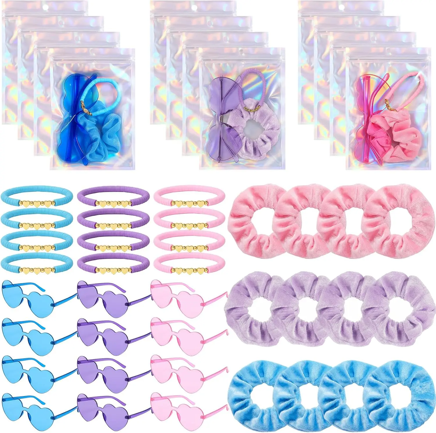 48-Pcs Female Bachelorette Party Favors Bulk Gift Items Set - 12-Pack Heart Sunglasses, Velvet Hair Scrunchies, Clay Bead Bracelets, Iridescent Gift Bags for Bridesmaid Proposal, Birthday Party Supplies