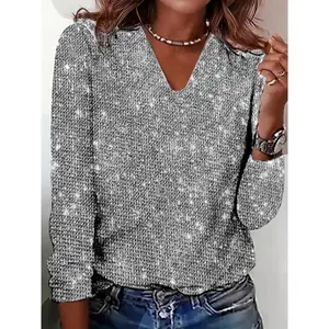 European and American Women’s Slim-Fit Fashion T-Shirt Top with Sequins and Long Sleeves