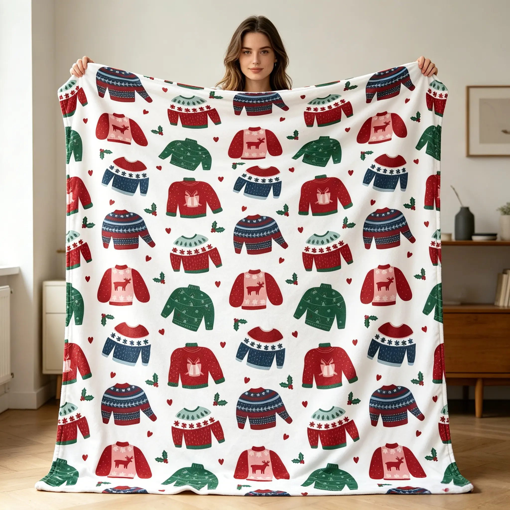 Kringle Express Oversized 60x80 Holiday Printed Colored Trim Blanket - Fleece-Lined Jacquard Sherpa, Flannel Plush, Handmade Soft, Modern Design, Ideal for Sofa/Bed/Office, Lover Gift for Book Lovers, Colored Trim Blankets