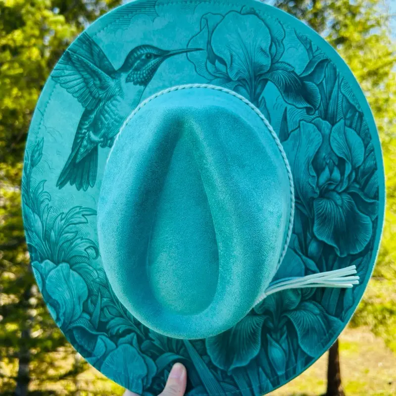 Turquoise Floral and Hummingbird Design Fedora Hat with Tassel Accent