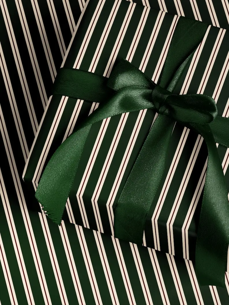 Striped Wrapping Paper Holiday Gift Wrap Green Gift Wrap Elegant Christmas Gift Wrap Vintage Gift Wrap Seasonal Gift Wrap Stripes Green