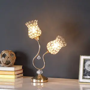 18.75" Rose Gold 2-Floral Trumpet Glam Metal Table Lamp, Light Rose Gold Chrome, Clear Acrylic Beads, E12 Bulb Compatible, UL Listed, Imported