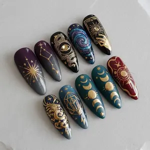 Celestial Press On Nails, Zodiac Moon Star Nails, Mystic Galaxy Fake Nails, Handmade Stiletto Nails