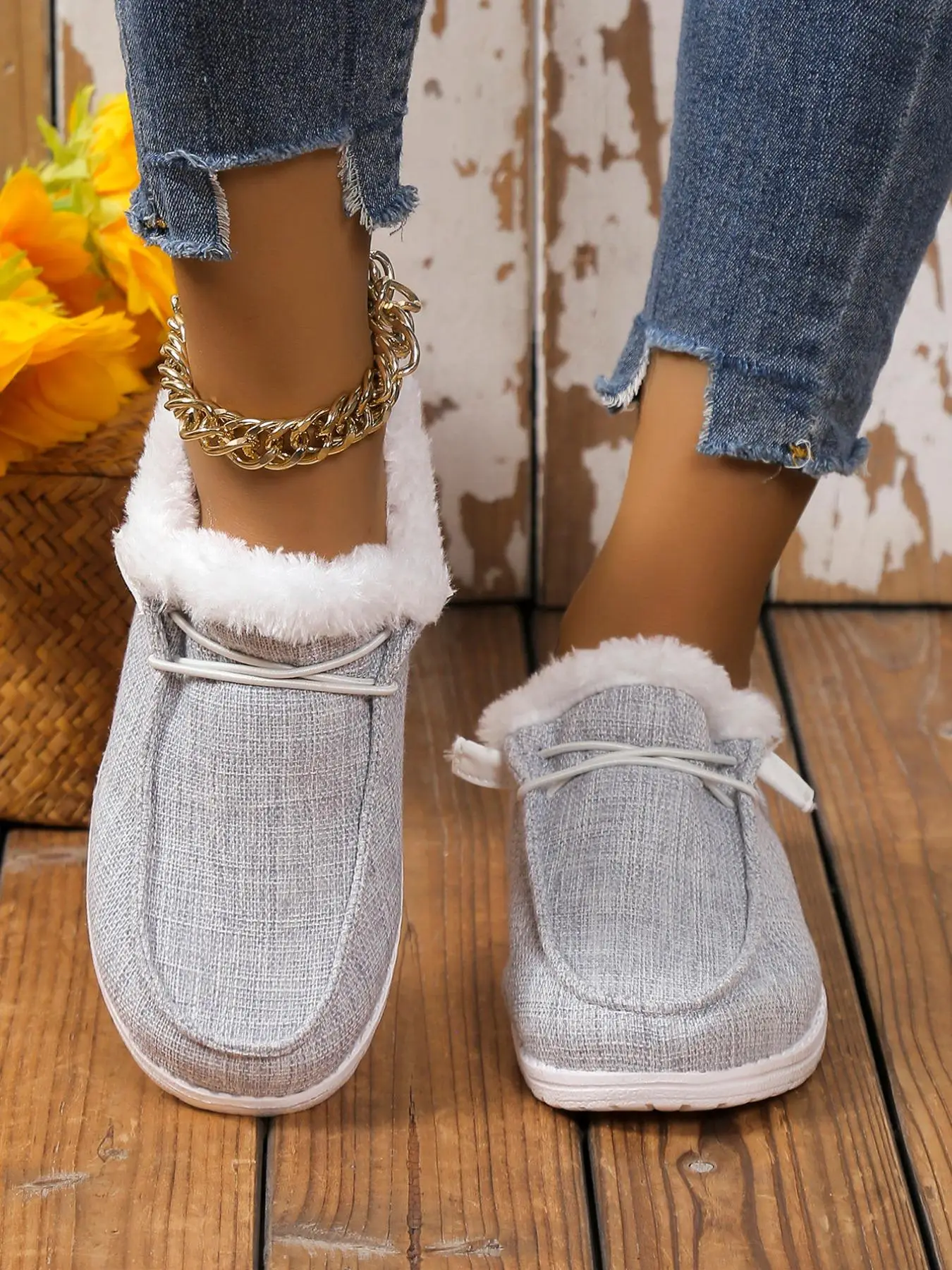 Minimalist Solid Color Flats As Galentine's Day Gift, Lace-up Front Thermal Lined Plush Slip-ons, Faux Fur Lined Casual Shoes Fit for Fall & Winter We
