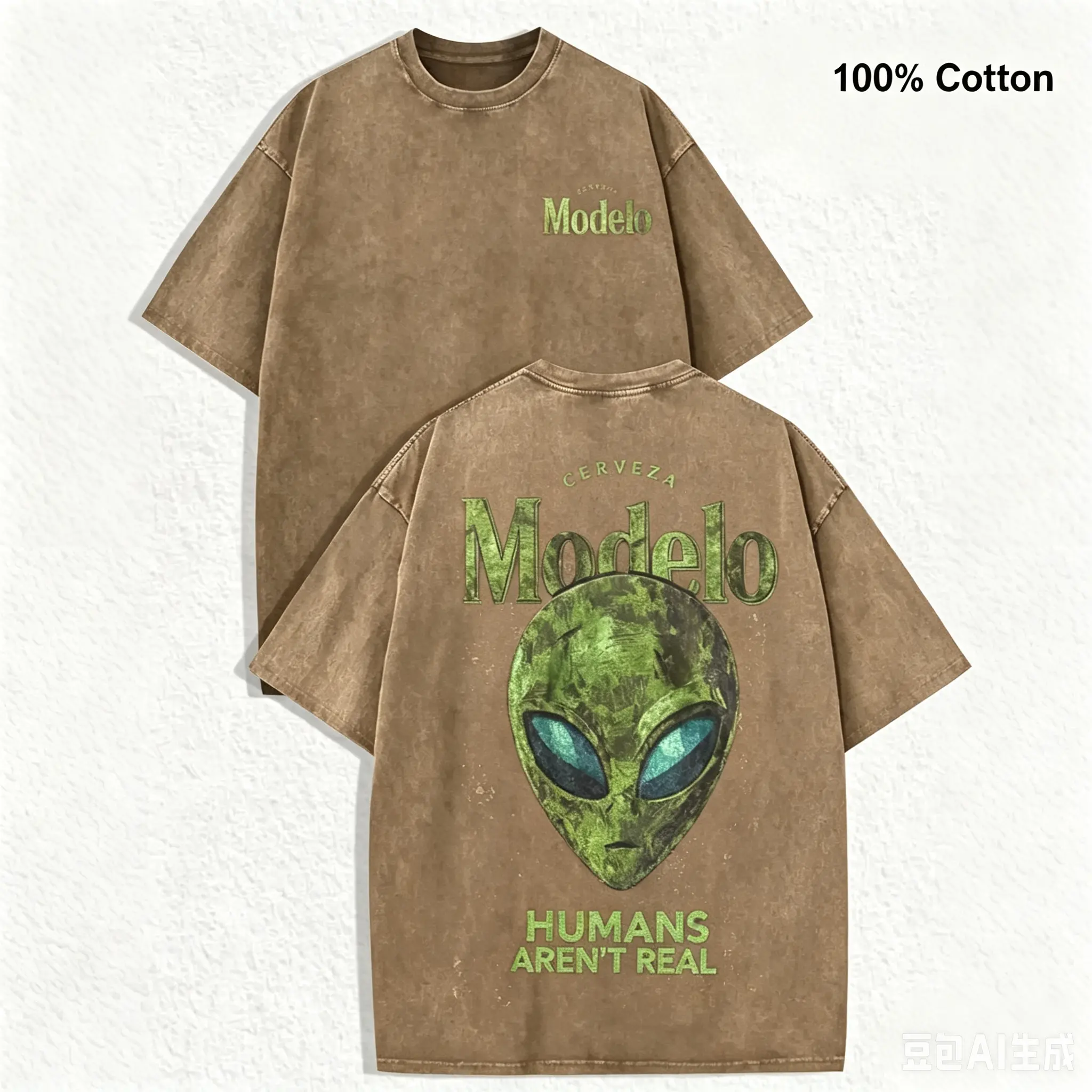 Vintage Washed Black Short Sleeve T-Shirt, Front Mini "Modelo" Print + Back Alien Head "Humans Aren't Real" Graphic, Sci-Fi Streetwear Style, 100% Cotton Unisex Oversized Tee, Casual Hangouts, Great Gift for Sci-Fi Fans