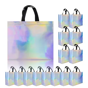 15 Pcs Glossy Iridescent Gift Bags, 12.6x4.7x11, with Black Handles, for Christmas, Birthday, Wedding