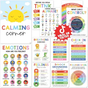 12Pcs Calming Corner Posters for Kids – Feelings Wheel & Emotion Regulation Charts | Classroom Decor, Therapy Office Supplies, Preschool Mental Health Wall Decor to Help Children Manage Big Feelings & Build Emotional Skills(10x14 Inch)