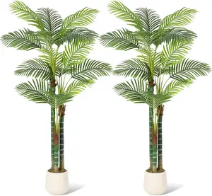 2Pcs 7ft Tall Lifelike Artificial Triple Golden Cane Palm Trees - Long-Stem, Sculptural, Zen, Drought-Tolerant Balcony Artificial Trees with Decorative Fruit, Plastic Moss Round Pots for Home Office Decor, Long-Stem Artificial Trees