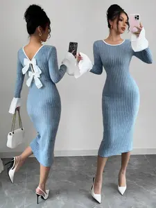 Elegant Backless Bow Long Sleeve Dress, Slim Fit Underwear Dress, Autumn Winter Women's Clothing, Pair with Coat, Fashionable and Sexy, Womenswear