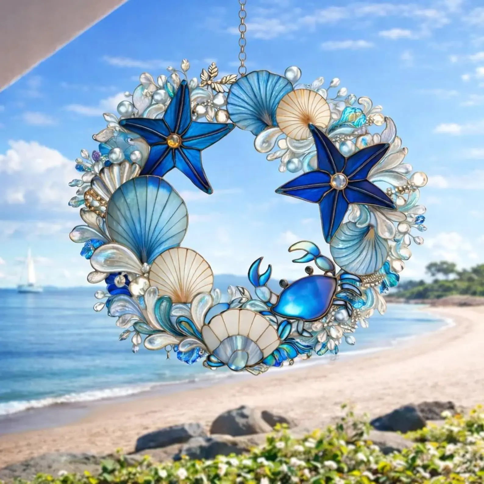 Ocean Wreath Sun Catcher, Stained Glass Shell Window Hanging, Beach House Decor, Nautical Starfish Crab Art, Nature Lover Gift