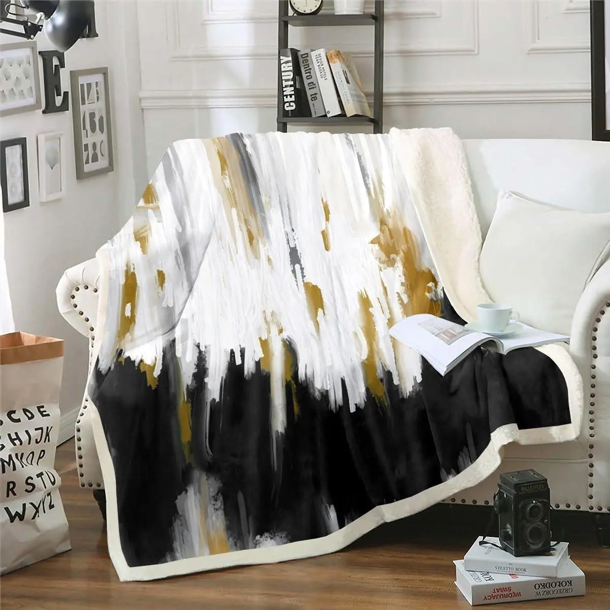 Black Gray Fleece Blanket Abstract Watercolor Sherpa Blanket,Gradient Stripe Blanket Chic Vintage Aesthetic Throw Blanket Sofa,Graffiti Oil Painting Modern Flannel Blanket for