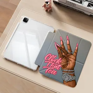"Clock That Tea" Pink Nail Art iPad protective case, Cover, transparent acrylic Y folding stand suitable for all models of iPad including 7.9/8.3/10.2/10.5/10.9/11/12.9 inch, featuring all-round protection against scratches and impacts, great gift