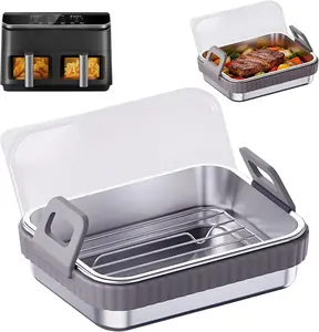 Stainless Steel Air Fryer Baking Pan with Rack – Reusable Non-Stick Tray for Steak, Fries, Chicken & Veggies