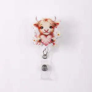 Cute Floral Highland Cow Badge Reel, Expandable Button Pin, Adorable and Warm Design, Perfect for Backpacks and Bags, 1 Piece