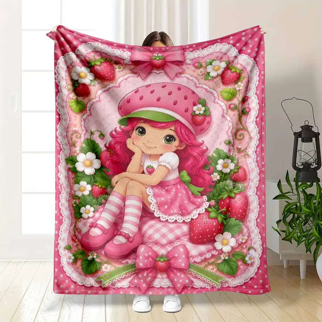 Kawaii Strawberry Princess Flannel Blanket - Anti-Pilling Flannel Fabric, Cute Theme, Soft Cozy Lightweight Plush, Multi-Size Indoor/Outdoor Throw for Sofa Bedroom Valentine Gift Decor, Plush Texture