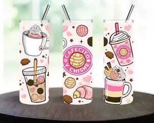 Made to Order – Cafecito y Chisme 20oz Skinny Tumbler – Cute Coffee & Pan Dulce Design with Hearts – Includes Lid & Straw