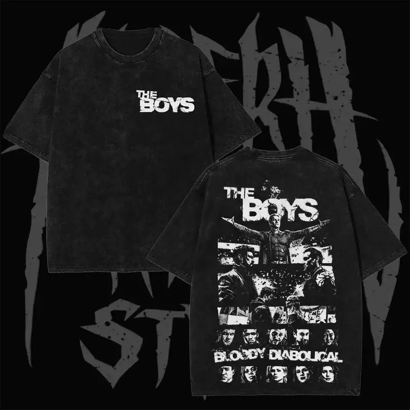Vintage Washed Black The Boys Graphic T Shirt Unisex Loose Crew Neck Oversized Cotton Short Sleeve Dark Style Casual Streetwear Couple Daily Top Gift For Movie Fans Men Women