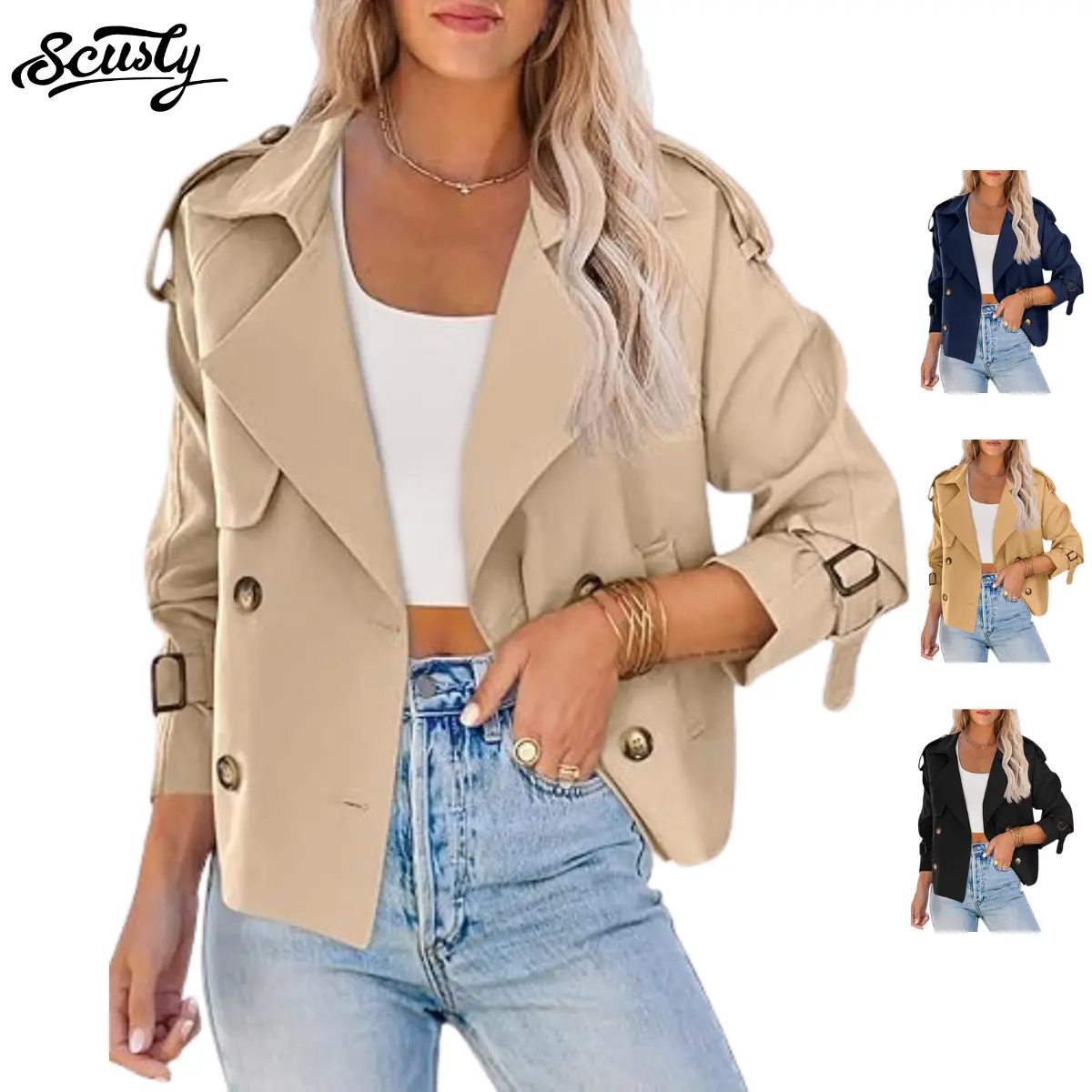 SCUSTY Women's Solid Color Cropped Double Breasted Trench Coat Raglan Sleeve Lapel Windproof Lightweight Work Office Short Jacket Versatile Casual Daily Vacation Outerwear with Deep Functional Side Pockets