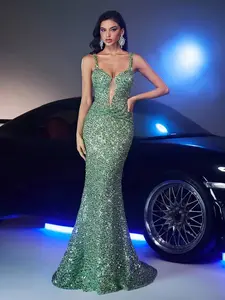 Women's Olive Evening Dress, Halter Neck Off-Shoulder Design, Elegant Formal Ball Gown, Sparkling Long Party