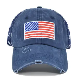 Cross-border three-dimensional embroidered baseball cap, washed American flag embroidered cap, mesh cap, five-pointed star mesh cap, dropshipping available