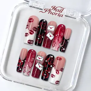 NailPhoria CRIMSON LETTER (NFC) - Valentine Handmade Press-On Nails | Reusable, Salon-Quality, Long-Lasting, Glossy Design