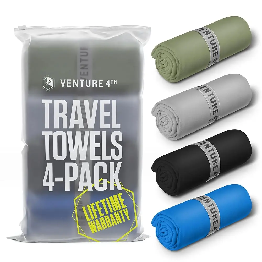 Venture 4th Microfiber Travel Towels for Camping and Gym - Quick Dry, Lightweight, 4 Pack Medium