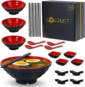 Set of 4 Ramen Noodle Bowl with Chopsticks and Spoon – 24 Pcs Japanese Ramen Bowl Kit Dishwasher Safe - Asian Bowl Set with Chopsticks Holder & Saucers for Noodle Salad Pasta – 37oz Red Black