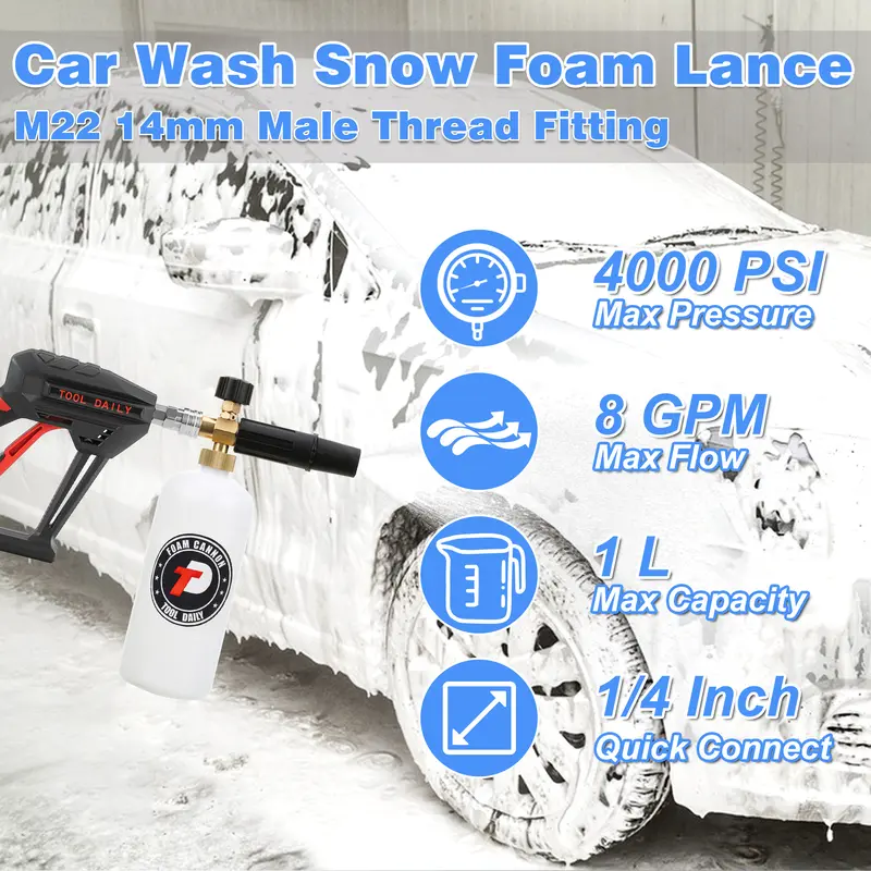 Tool Daily Short Handheld with  Cannon FOR PRESSURE WASHER,  1/4 Inch Quick Connector, Water Spray Tool with 5 Nozzle Tips, 1 Liter snow foam lance, FathersDayGift 2