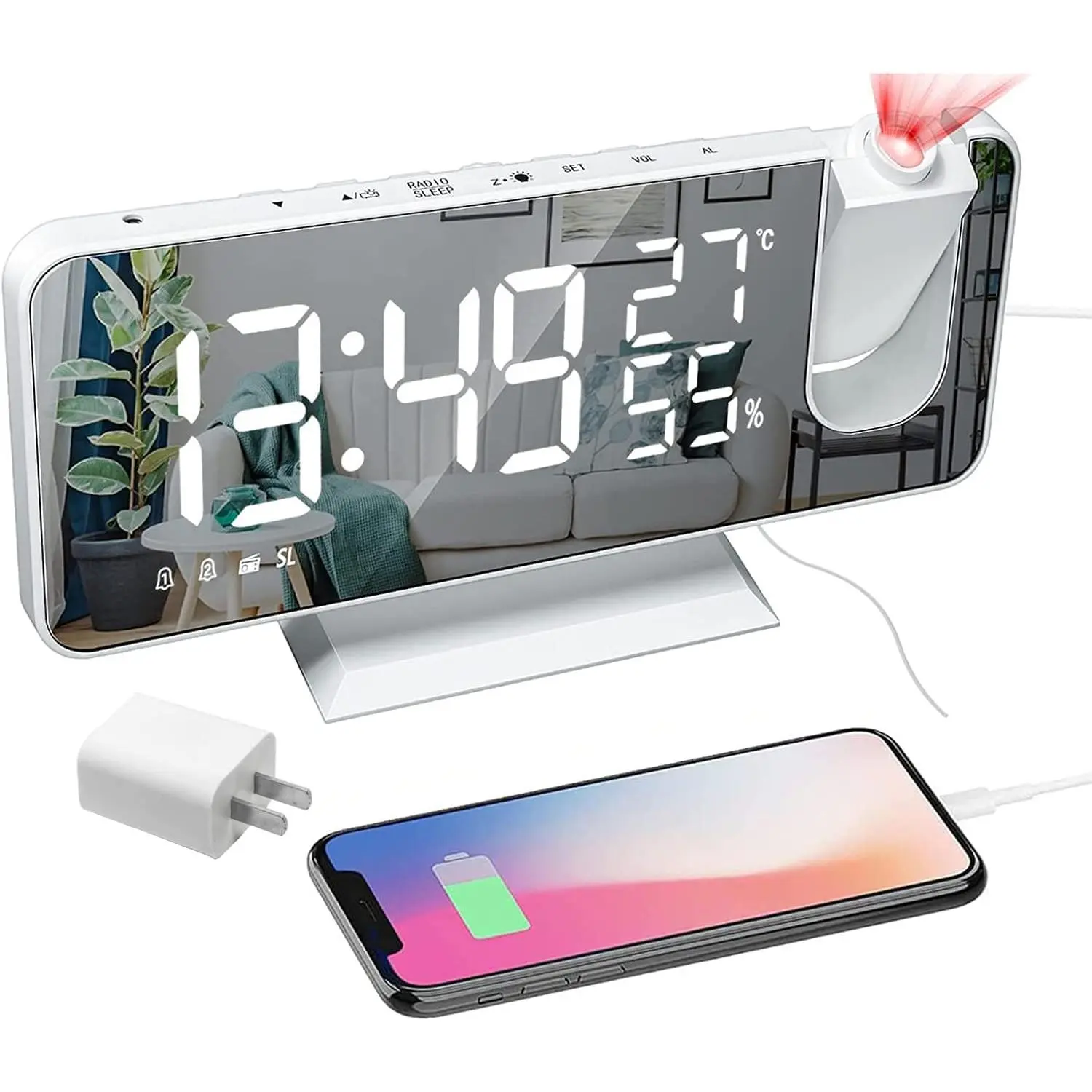 Projection Digital  Clock for Bedrooms, Radio  Clock on Ceiling, USB Charger Port, Temperature & Humidity Display, 7.3" Large Mirror LED Display,12/24H,Snooze,Dual Loud  Clock- 4 Dimmer