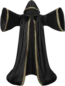 Velvet Wizard Robe with Hooded and Sleeves, Halloween Vampire Witch Wizard Cloak Fancy Cosplay Costume