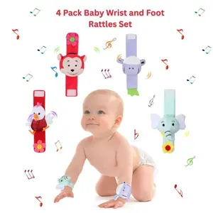 Fall Halloween Gift 4 Pack Baby Wrist and Foot Rattles Set –  Soft Animal Rattle Toys for Newborns 0-12 Months, Sensory Development Infant Toys for Boys & Girls – Sheep, Dog, Chick, Monkey Designs – Baby Shower Gift