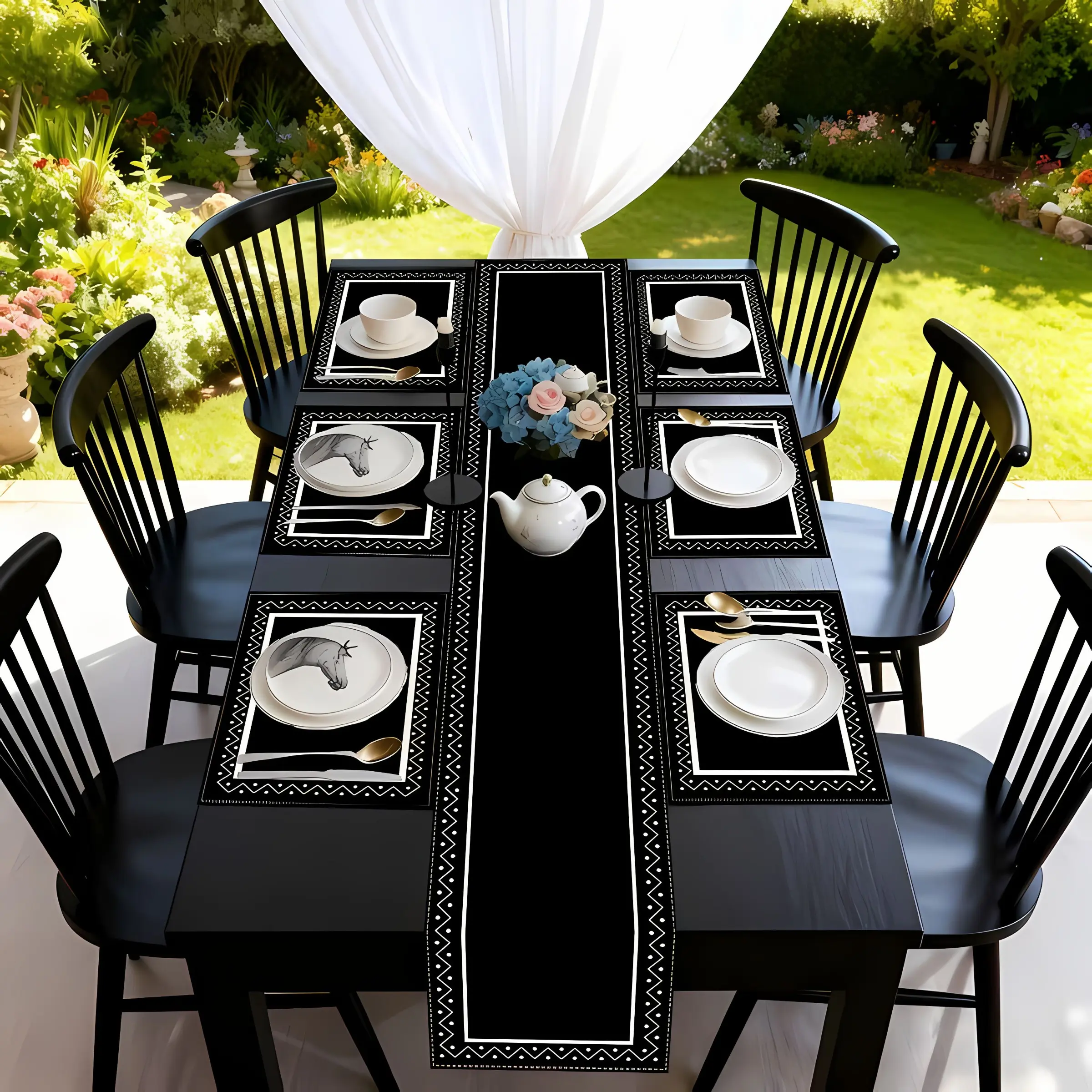 2D flat printing, 1 piece/4 pieces set of table flags, placemats, Kitchen decorative placemat for four seasons, Greek key style, Greek key pattern, black and white line design, suitable for kitchen, dining room, table decoration, party decoration