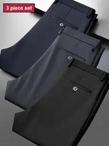 3-pieces Men's New Loose Straight Leg Elastic Solid Color Formal Pants, Casual Business Trousers, Anti-Wrinkle Comfortable Workwear