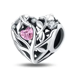 925 Sterling Silver Tree of Life Heart Charm, Love Life Jewelry Bead DIY