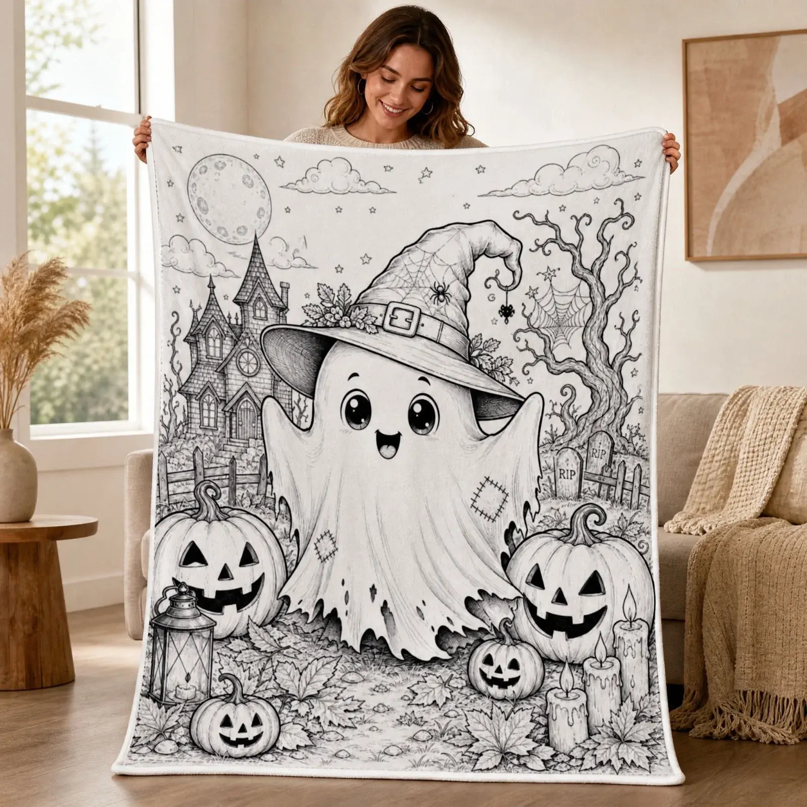 DIY Coloring Halloween Ghost Flannel Throw Blanket, Hand Drawn Sketch Style Blanket You Can Color With Markers, Soft Warm Cozy Blanket, Spooky Season Craft Decor & Fun Holiday Gift