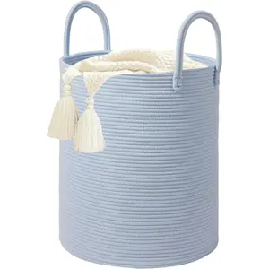 Large Woven Laundry Basket Hamper,60L Cotton Rope Storage Basket for Blankets in living room,Decorative Tall Nursery Hamper for Toys and Clothes,Baby Basket,Blue